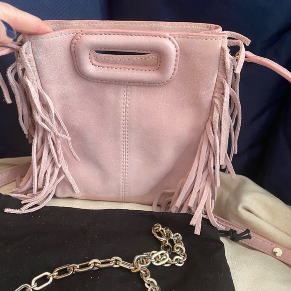 Maje mini M fringed-suede bag baby pink